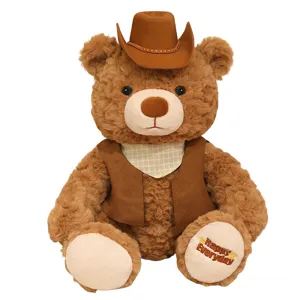 Cute brown cowboy teddy bear plush toy with hat and vest soft doll for kids birthday gift.