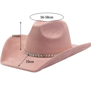 Pink suede cowboy hat with rhinestone band wide brim western jazz hat 56-58cm head size