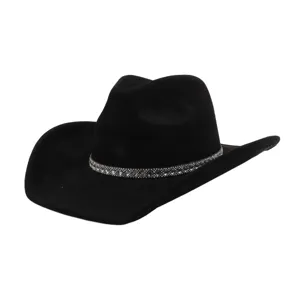 Black suede cowboy hat with sparkling rhinestone band, stylish wide brim fashion accessory.