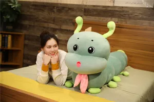 Cute green caterpillar plush toy long hug pillow with pink scarf soft cushion for kids gifts