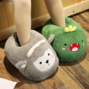 Cozy plush foot warmers for winter, cute cartoon animal design, soft indoor warm slippers.
