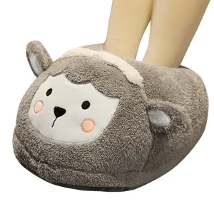 Cozy grey cartoon lamb plush foot warmer winter indoor warm slippers for ultimate home comfort.
