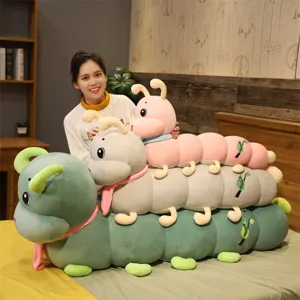 Cute giant caterpillar plush toy with scarf, soft long hugging pillow for kids sleeping comfort.