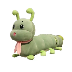 Cute green caterpillar plush toy with pink scarf, soft long sleeping body pillow for kids.