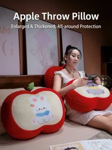 Plush apple pillow detail showing thick cute rabbit print and comfortable home cushion.