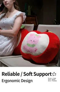 Cute red apple plush pillow detail shot, soft cartoon animal cushion for sofa and office chair.