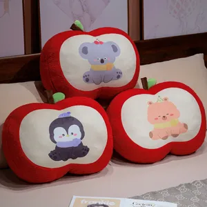 Cute red apple plush pillow with adorable cartoon animal print soft sofa cushion for home