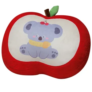 Red apple plush pillow with cute koala cartoon print, soft sofa cushion for office.