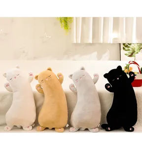 Detailed view of cute long cat plush pillows in four colors, soft sleeping dolls for kids beds.