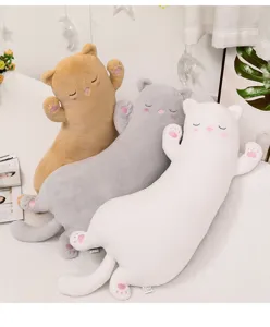 Cute cat plush body pillow long soft stuffed animal toy for kids bed hugging sleeping cozy home deco