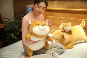 Cute sleeping Shiba Inu plush toy long pillow, soft stuffed animal doll for children gift.