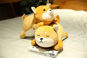 Detailed shot of cute sleeping Shiba Inu plush pillow on bed, soft fabric and cozy bedroom scene.