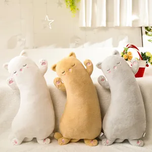 Cute cat long plush pillow soft curved sleeping doll for kids bedroom decoration and comfort.