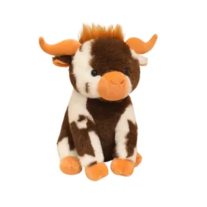 Peluche taureau marron et blanc vache assise poupée douce mignon cadeau pour enfants