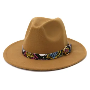 Sombrero fedora de fieltro de lana con banda de serpiente colorida y hebilla para otonio