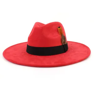 Women red suede fedora hat with black ribbon band and elegant feather wide flat brim cap