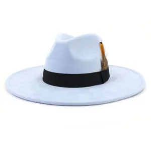 Light blue fedora hat closeup showing faux suede texture, black band, and elegant feather detail.