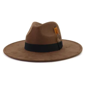 Brown women fedora hat with black band and feather, stylish wide brim faux suede felt hat.