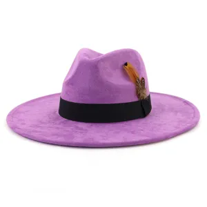 Detailed view of women's faux suede fedoras hat featuring a chic black band and decorative feather.