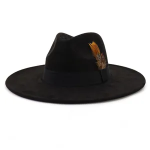 Black suede fedora hat for women with wide brim, black ribbon band and feather detail chic
