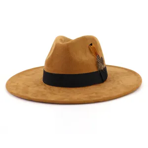 Brown faux suede fedora hat for women wide brim elegant feather decorated fashion cap