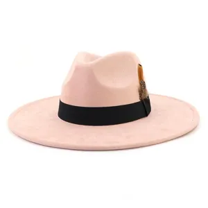 Pink suede fedora hat for women with black band and feather decor wide brim gentleman cap