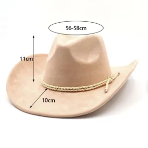 Detailansicht des Wildleder-Cowboyhuts mit Maßangaben für Krempenbreite und Kronenhöhe.