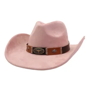 Pink suede cowboy hat detail, western style fedora with brown leather band and metal bull.