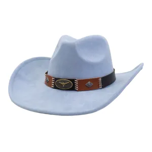 Light blue suede cowboy hat detail showing bull skull metal buckle and leather band trim.