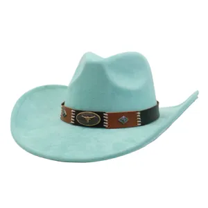 Close-up of the turquoise suede cowboy hat's detailed leather band and bull skull emblem.