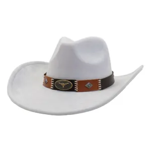 Grey faux suede cowboy hat detail featuring decorative leather band and metal bull skull emblem.