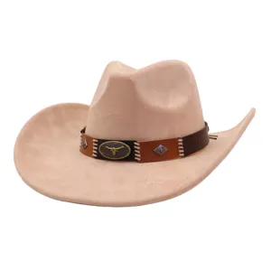 Classic suede cowboy hat with brown leather band and bull skull metal emblem for outdoor.