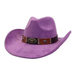 Unisex Fashion Suede Cowboy Hat Western Ethnic Wide Brim Fedora Jazz Hat Retro Outdoor Sun Protection Cap For Men Women
