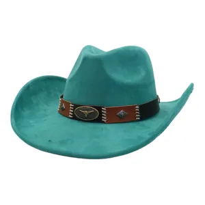 Turquoise suede cowboy hat with brown leather band and bull emblem, stylish western headwear.