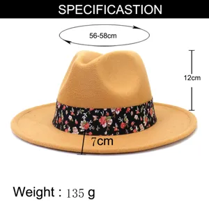 Sombrero fedora de lana con cinta floral, 56-58cm circunferencia para otoño invierno.