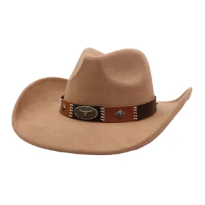 Classic suede western cowboy hat with decorative bull skull band and stylish stitching design.