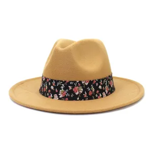 Clásico sombrero fedora camel con cinta floral negra, elegante sombrero de fieltro de lana.
