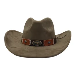 Detailed view of brown suede cowboy hat with stylish leather band and metal bull skull decoration.