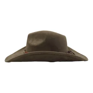 Brown suede cowboy hat detail showing soft texture, wide brim, and decorative leather band.