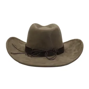 Classic brown suede cowboy hat with leather band and stylish wide brim design for outdoor.