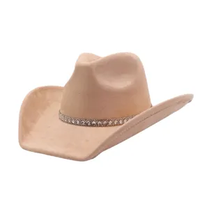Beige suede cowboy hat with rhinestone band, wide brim western jazz hat for women.