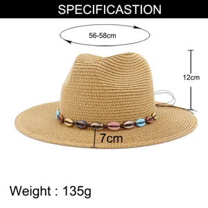 Vue détaillée du chapeau de paille avec bande de coquillages, taille 56-58cm, bord 7cm.