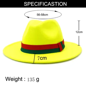 Detail view of the stylish yellow wool fedora hat, showing precise size dimensions and weight.