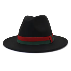 Classic black wool fedora hat for men women wide brim British style hat with red green ribbon