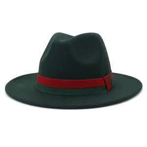 Unisex green wool fedora hat with red and green web ribbon British style large brim