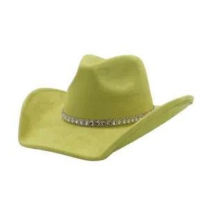 Green suede cowboy hat with rhinestone band, wide brim jazz hat for autumn and winter fashion.