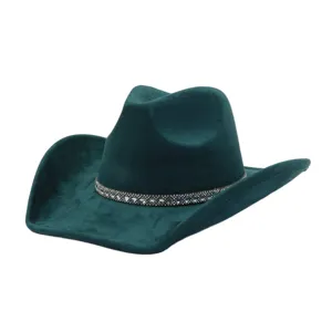 Detailed view of the dark green suede cowboy hat featuring a sparkling rhinestone band design.