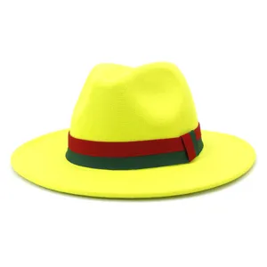 Yellow wool felt fedora hat with red and green striped ribbon classic British jazz cap