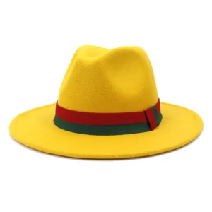 Stylish yellow wool felt fedora hat for men and women, featuring a classic red and green ribbon band.