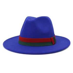Blue woolen fedora hat for men and women, wide brim jazz hat with red green striped band
